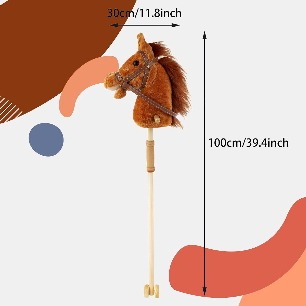 Morytale stick hobby horse, light brown plush pony with reins and wooden wheels - view 4