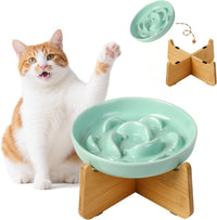 Ceramic Slow Feeder Cat Bowl - Green Elevated (Bamboo) / 3.7"H Elevated (Bamboo)