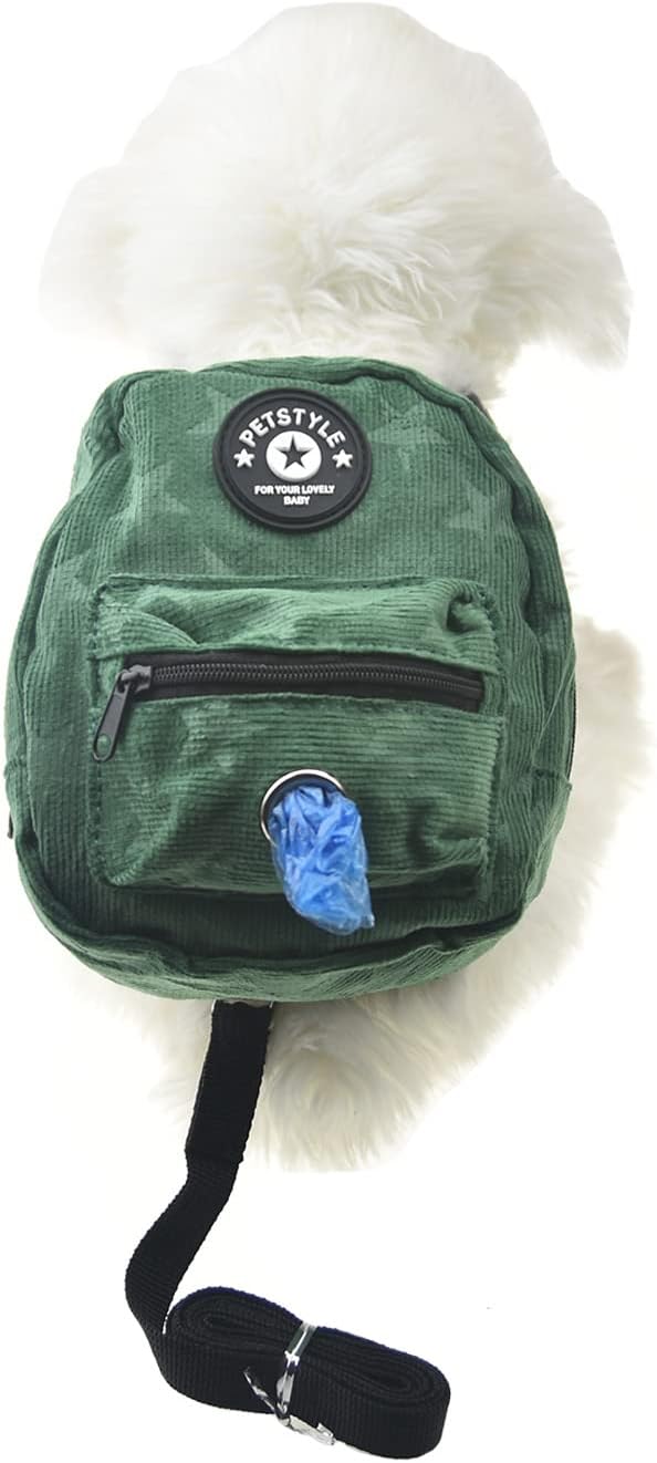 FLAdorepet Dog Backpack Harness Self Carry Bag with Leash Dog Poop Bag - Green / M(Fit:10-15lb)