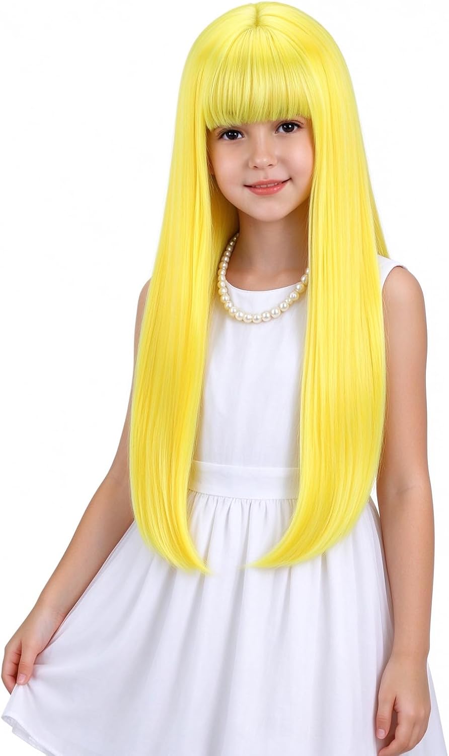 WAVELNM kids long straight black wig with hot pink highlights and bangs - view 8
