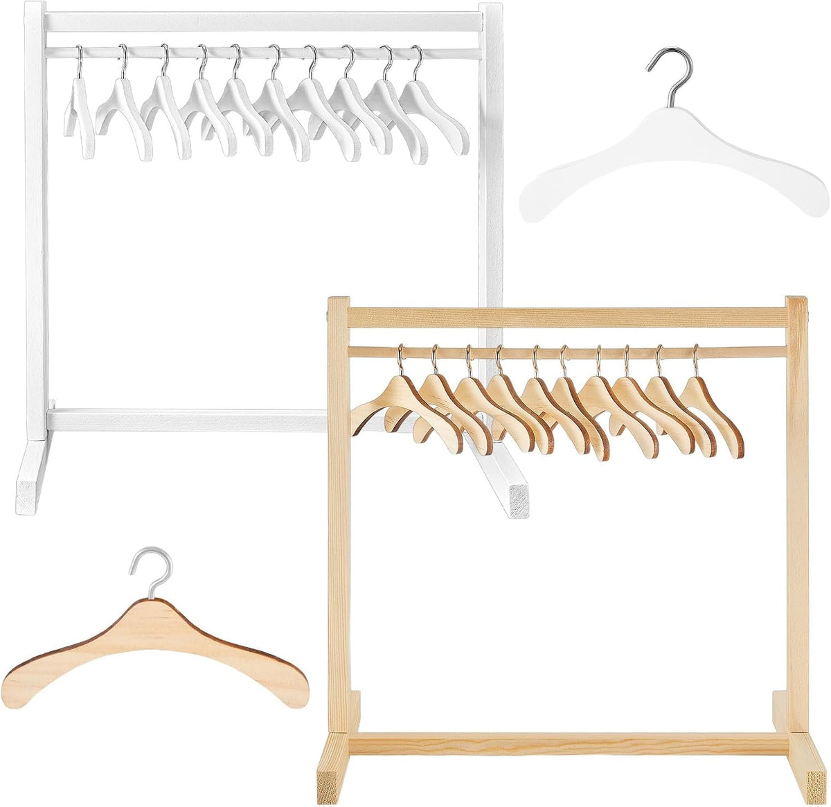 1 Set Doll Garment Rack with 10 Pcs Hangers Clothes Organizer - Wood, White / 22
