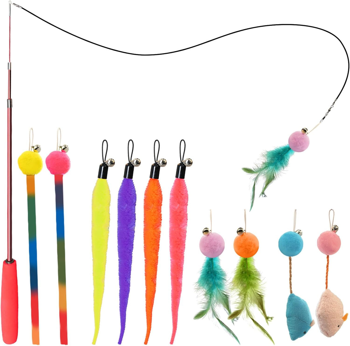 Cat Toys for Indoor Cats, 13 Packs Interactive Cat Wand Toy Set – Essentials for Cats - Multicolor / 11 Packs C
