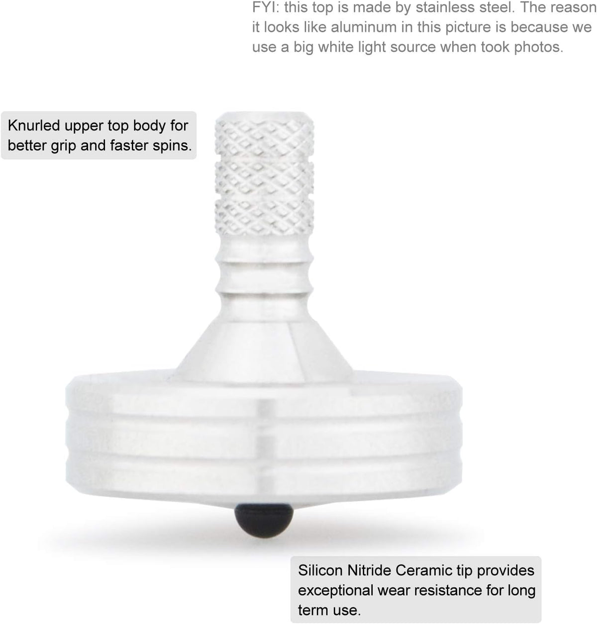 DjuiinoStar CNC machined stainless steel spinning top with ceramic tip and knurled grip - view 13