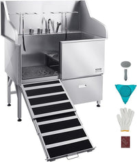 VEVOR Professional 304 Stainless Steel Dog Bathing Station, 50 inch Pet Grooming Tub w/Anti-Slip ramp, Storage Drawer, Cold Hot Faucet Showerhead, for Large & Medium & Small (Left Door, with Drawer)