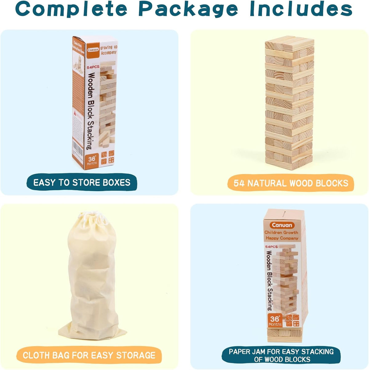 Canuan tumbling tower game, 54 wooden stacking blocks with storage bag - view 4
