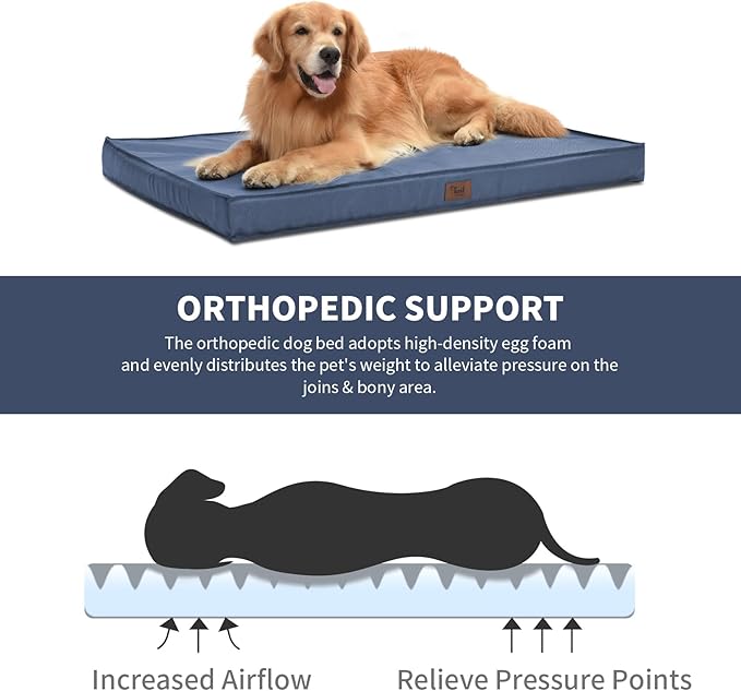 Outdoor XXL Dog Bed Waterproof, Dog Bed for Extra Large Dogs, Orthopedic Egg Foam Pet Bed with Washable and Removable Oxford Cooling Cover, Navy