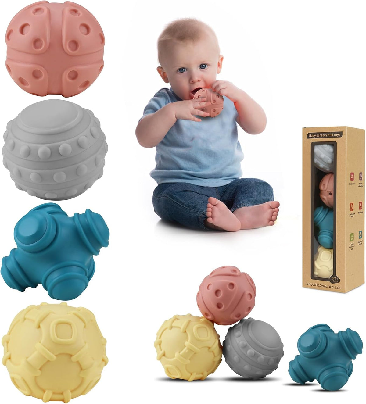 ATKSUNIEE 4 pack of textured soft baby sensory balls in natural colors
