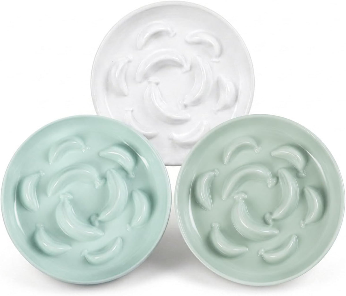 Melamine Slow Feeder Cat Bowls, Dishwasher Safe - 3 Pack - White/Blue/Green / 2"H