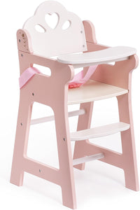 ROBOTIME wooden doll high chair with tray, footrest and flower shaped back in white and pink