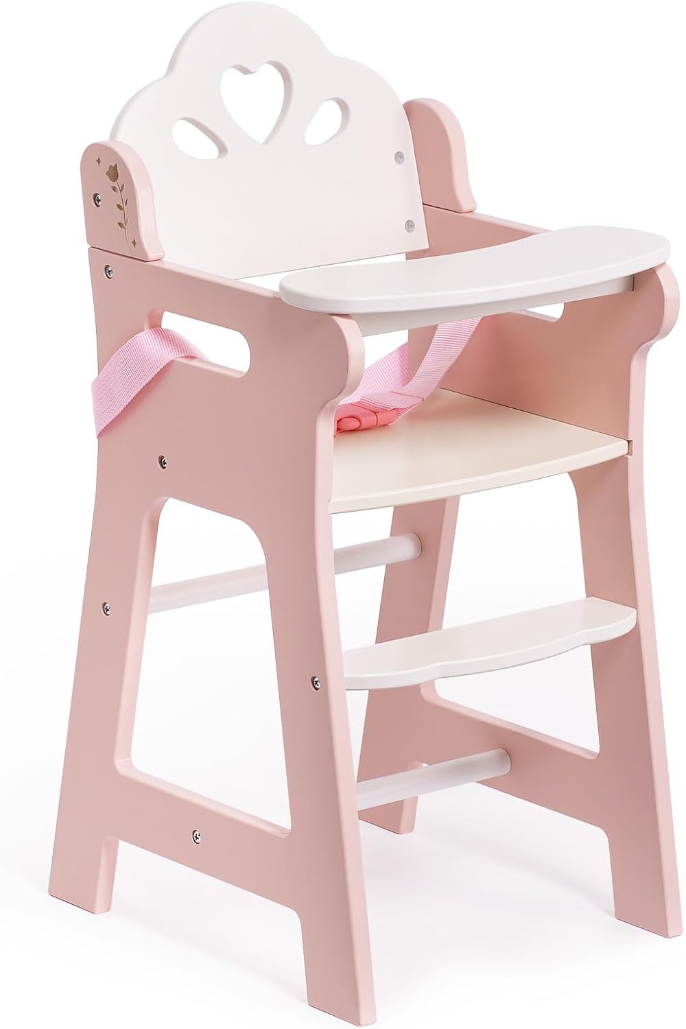ROBOTIME wooden doll high chair with tray, footrest and flower shaped back in white and pink