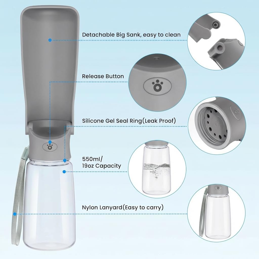 Portable Dog Water Bottle Dispenser [Leak Proof & Foldable] Dog - Grey / 19OZ - image 2