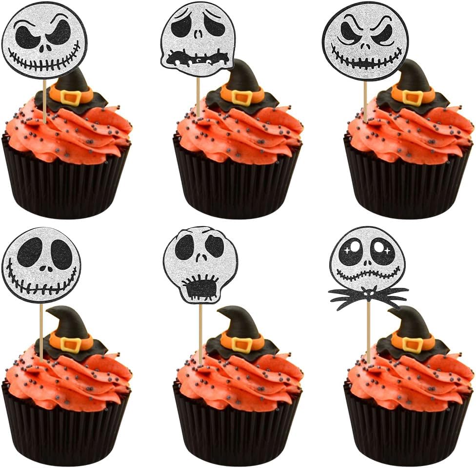 12 black glitter Halloween bat cupcake toppers in 4 patterns on cupcakes - view 13