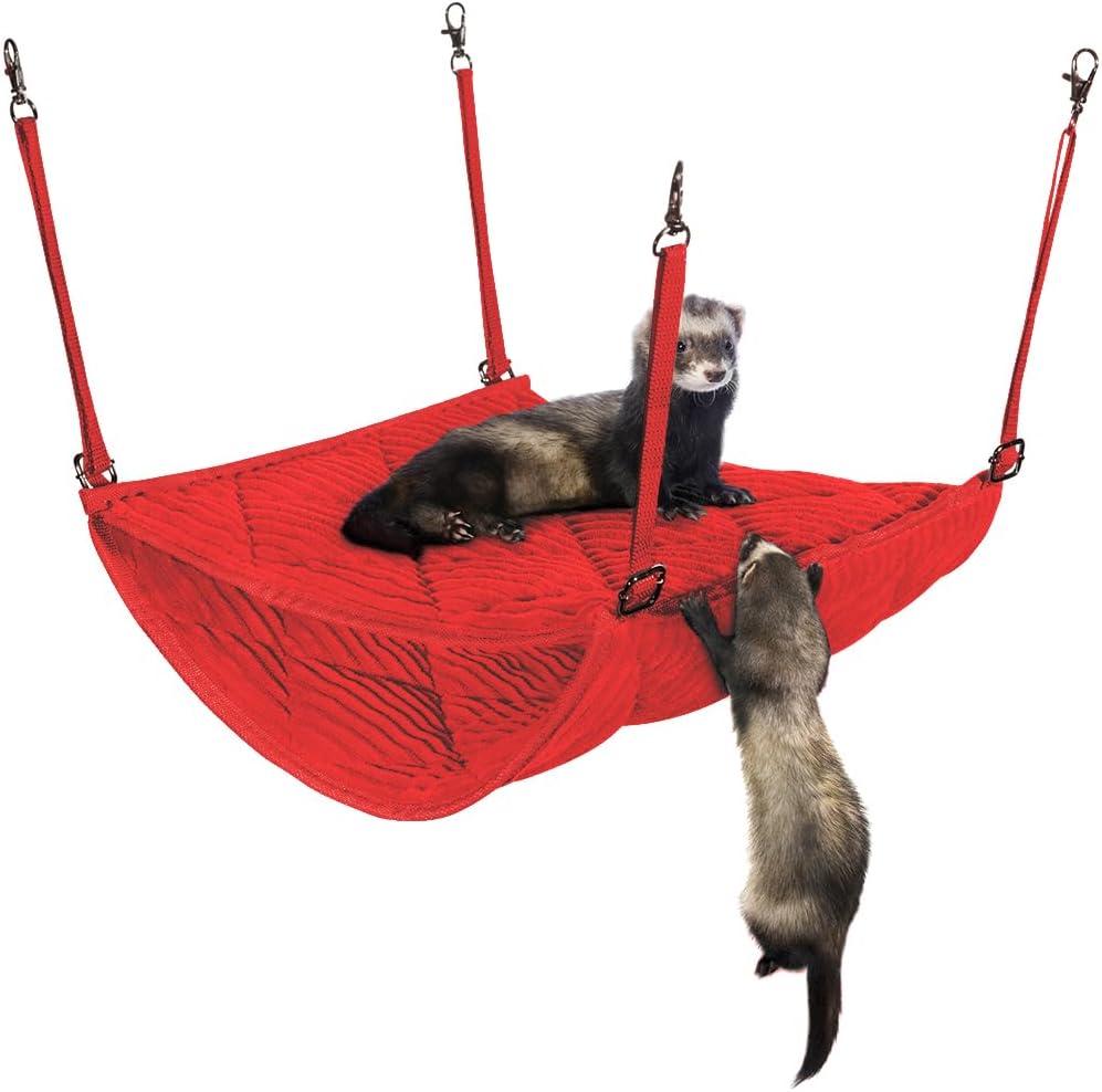 Ferret Hammock for Cage, Plush Double Bunk Bed Hanging Clips - Red