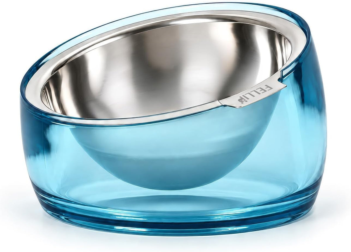 Felli Pet Oblik Acrylic Raised Dog Food Water Bowl Stainless Steel - Sapphire / 1.5 Cups Oval Dish
