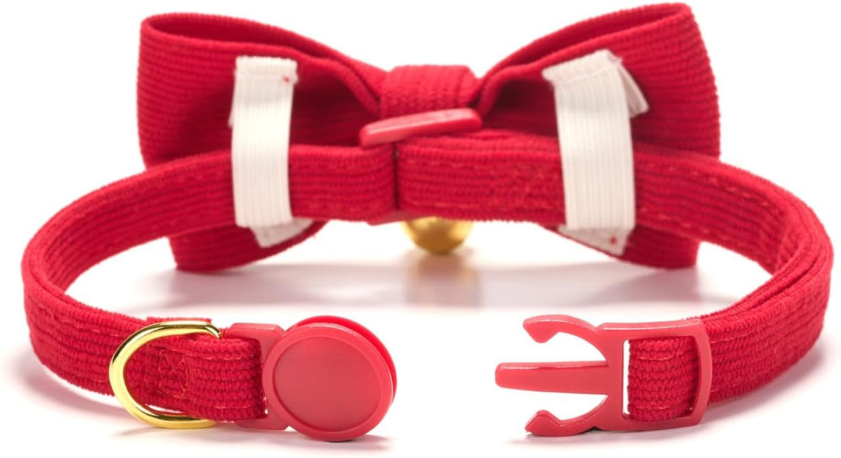 Breakaway Cat Collar with Bow Tie and Bell Adjustable Soft Corduroy - Small: Neck 7.5" - 11.0" / Red - image 4