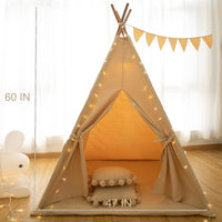 RONGFA cotton canvas kids teepee tent with pompom ball trim, floor mat and star light - view 7
