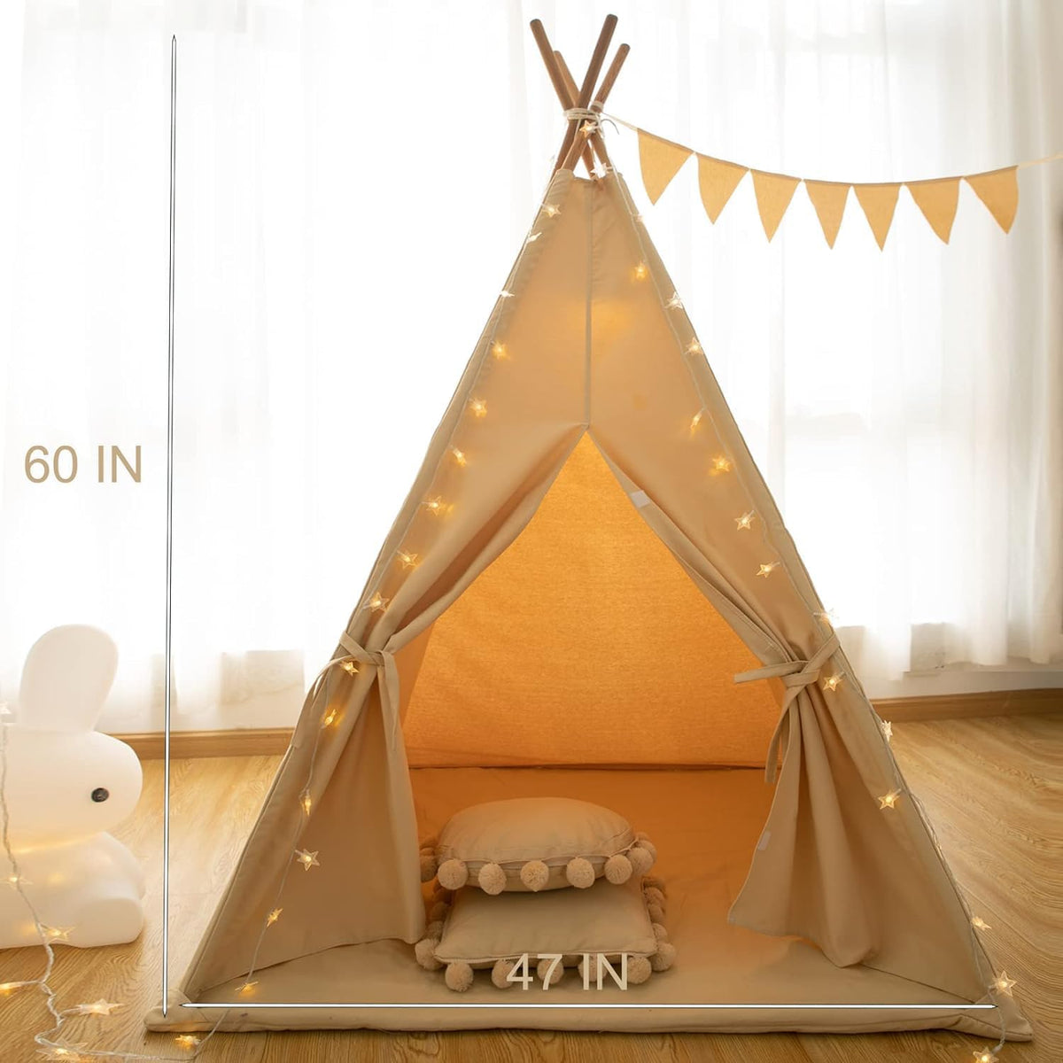 RONGFA cotton canvas kids teepee tent with pompom ball trim, floor mat and star light - view 7
