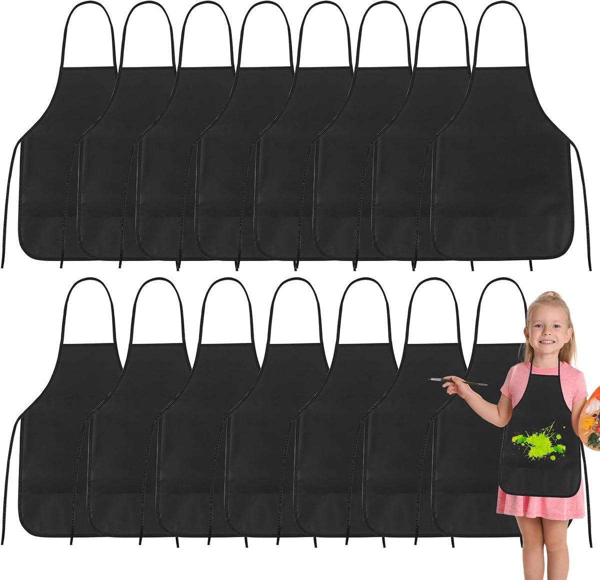 PLULON 8 Pcs Colorful Apron Kids Aprons for Painting Cooking Art Smock – Fun for Kids & Family - Black / 30