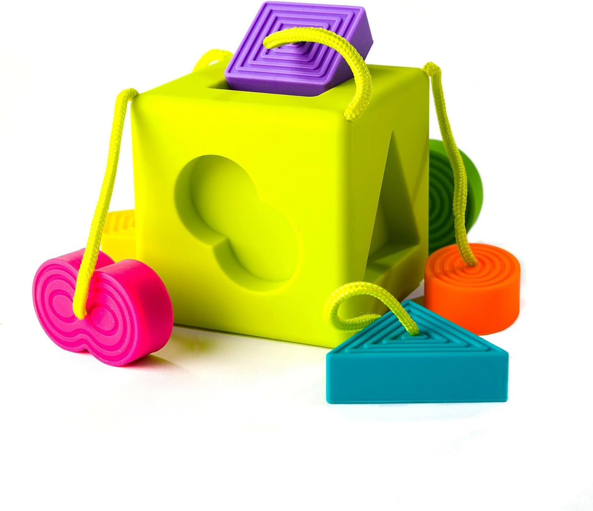 Fat Brain Toys OombeeCube baby shape sorter with six tethered textured silicone shapes - view 2