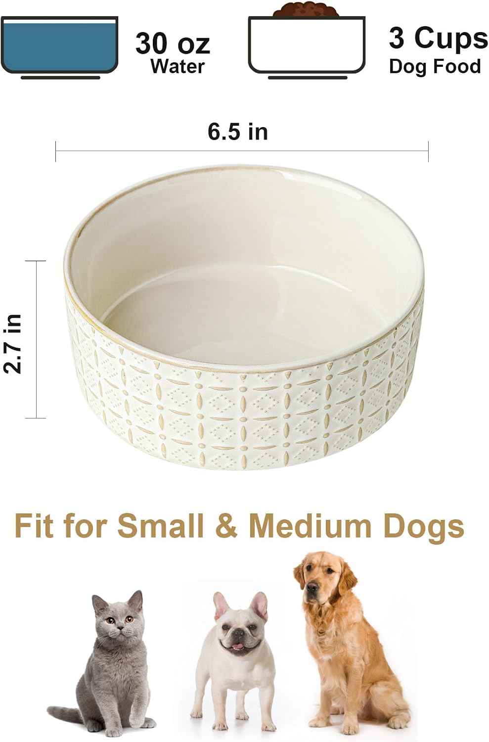 Ceramic Dog Bowl, Dogs Dish for Middle and Small Dogs, Puppy - White - image 3