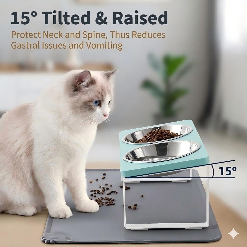 Upgraded Elevated Cat Bowls with Food Mat - Teal-2Bowls - image 3