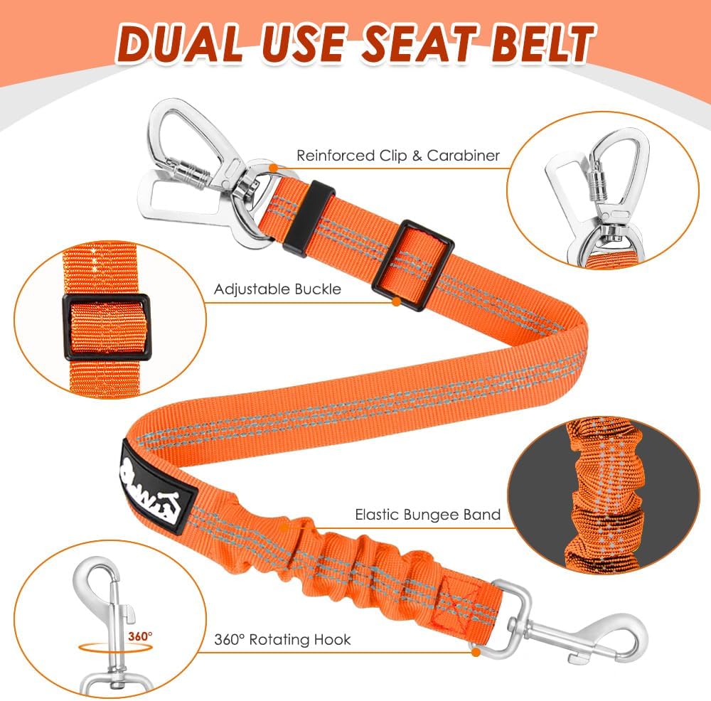 SlowTon Dog Seatbelt, 2 Pack Adjustable Heavy Duty Dog Safety Seat Belt – Essentials for Dogs - Orange / Seatbelt Clip + Carabiner - image 4