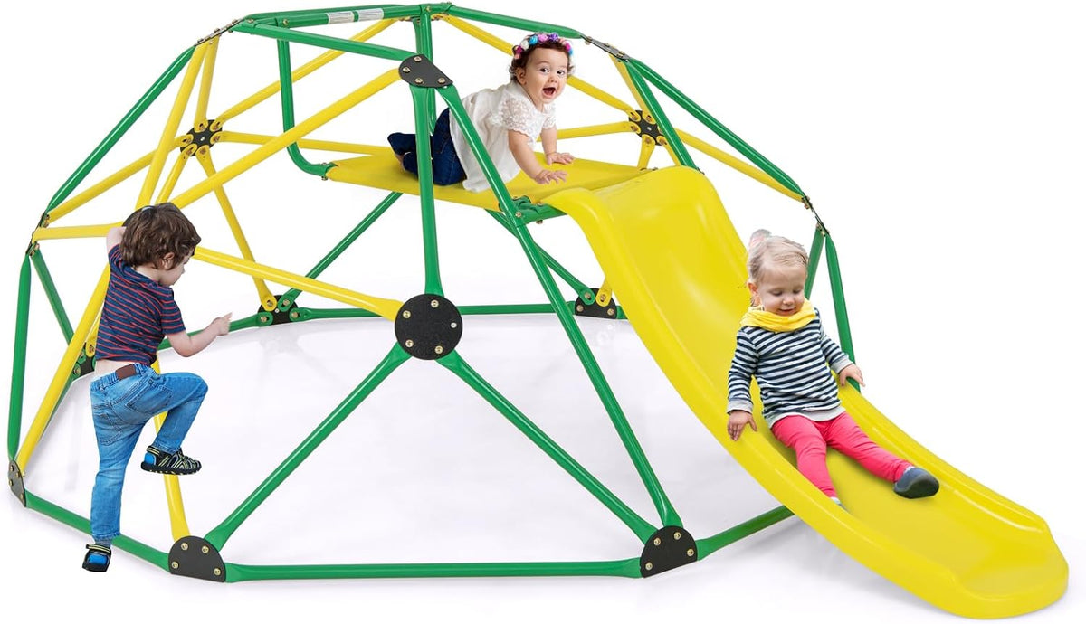 Olakids geometric climbing dome with slide, green steel frame for backyard play - view 2