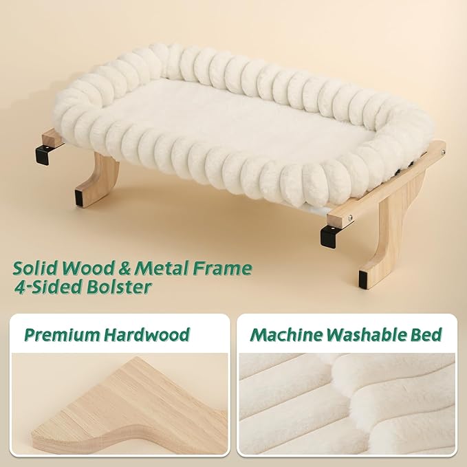 SnugCloud Cat Window Perch with 4-Sided Bolster - Orthopedic Cat Hammock for Window Sill - Solid Hardwood & Metal Frame - Window Seat for Pets (Natural Color Wood w/White Bed, Medium)