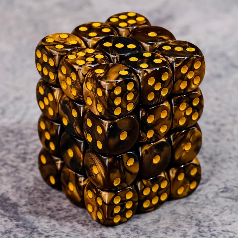 24 of Pack 16MM 6 Sided Dice Set, Two Colours D6 Game Dice Set - Golden Black Swirl - image 4