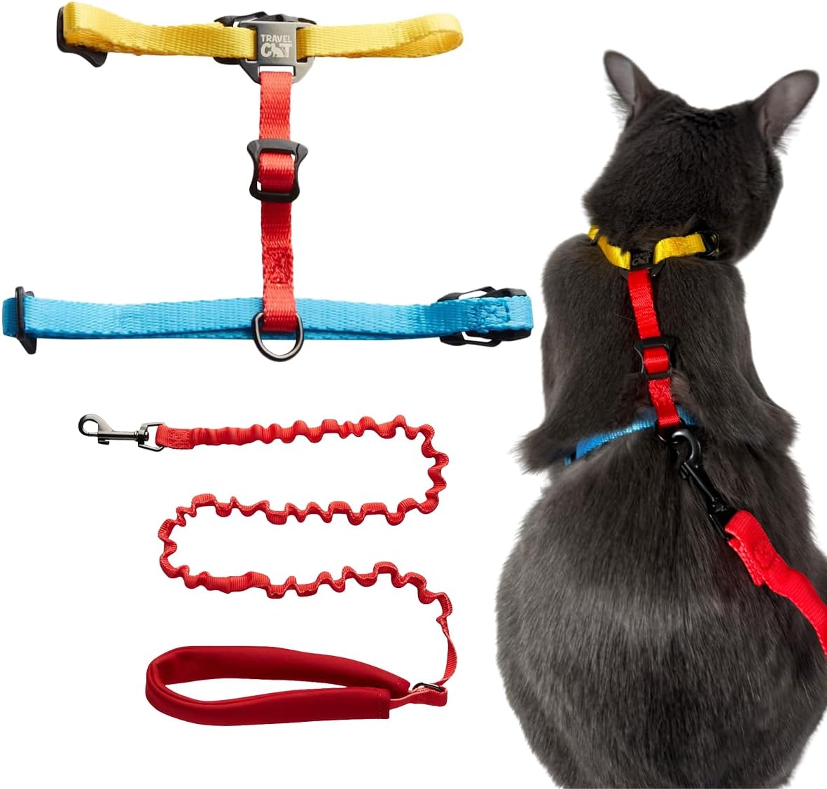 Travel Cat Harness and Bungee Leash Set, Large Cats, Kitten - Color Block