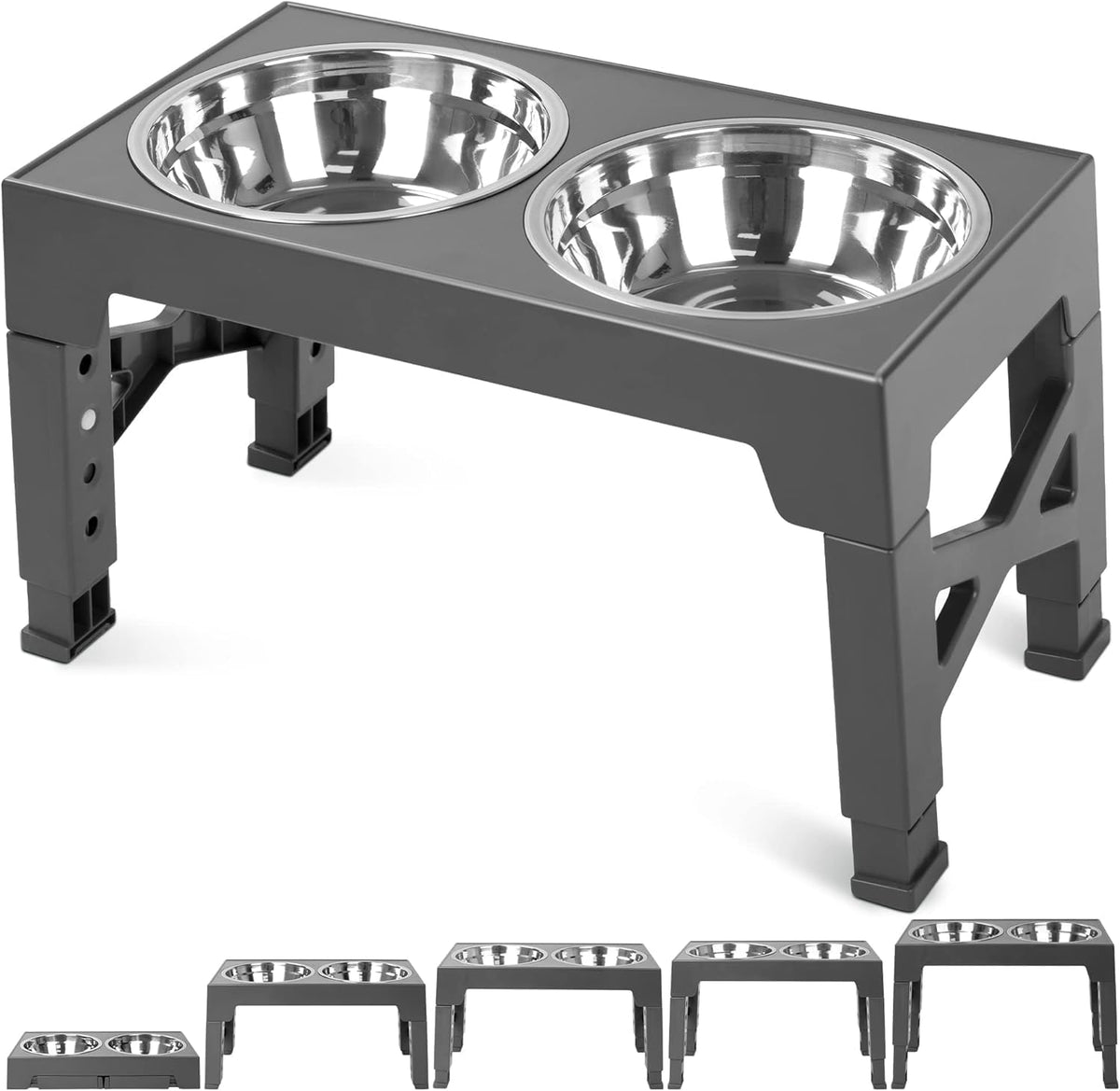 Elevated Dog Bowls with 2 Stainless Steel Dog Food Bowls - Grey / Round Bowls
