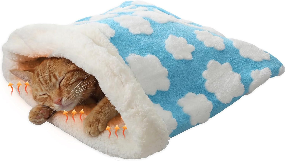 Self Heating Cat Sleeping Bag Indoor Self Warming Cat Bed Cave Heated - Classic / White Clouds
