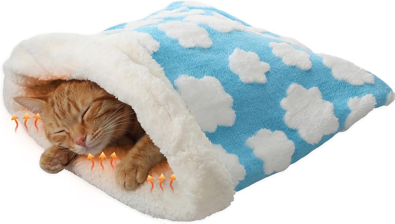 Self Heating Cat Sleeping Bag Indoor Self Warming Cat Bed Cave Heated - Classic / White Clouds