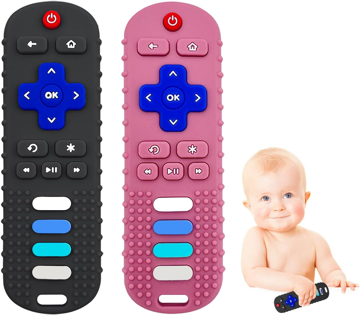 2-Pack Silicone Baby Teething Toys - gm RC-Black+Pink