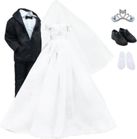 Wedding Set White Dress Bridal Veil and Groom Formal Suit Outfit - Wedding Set