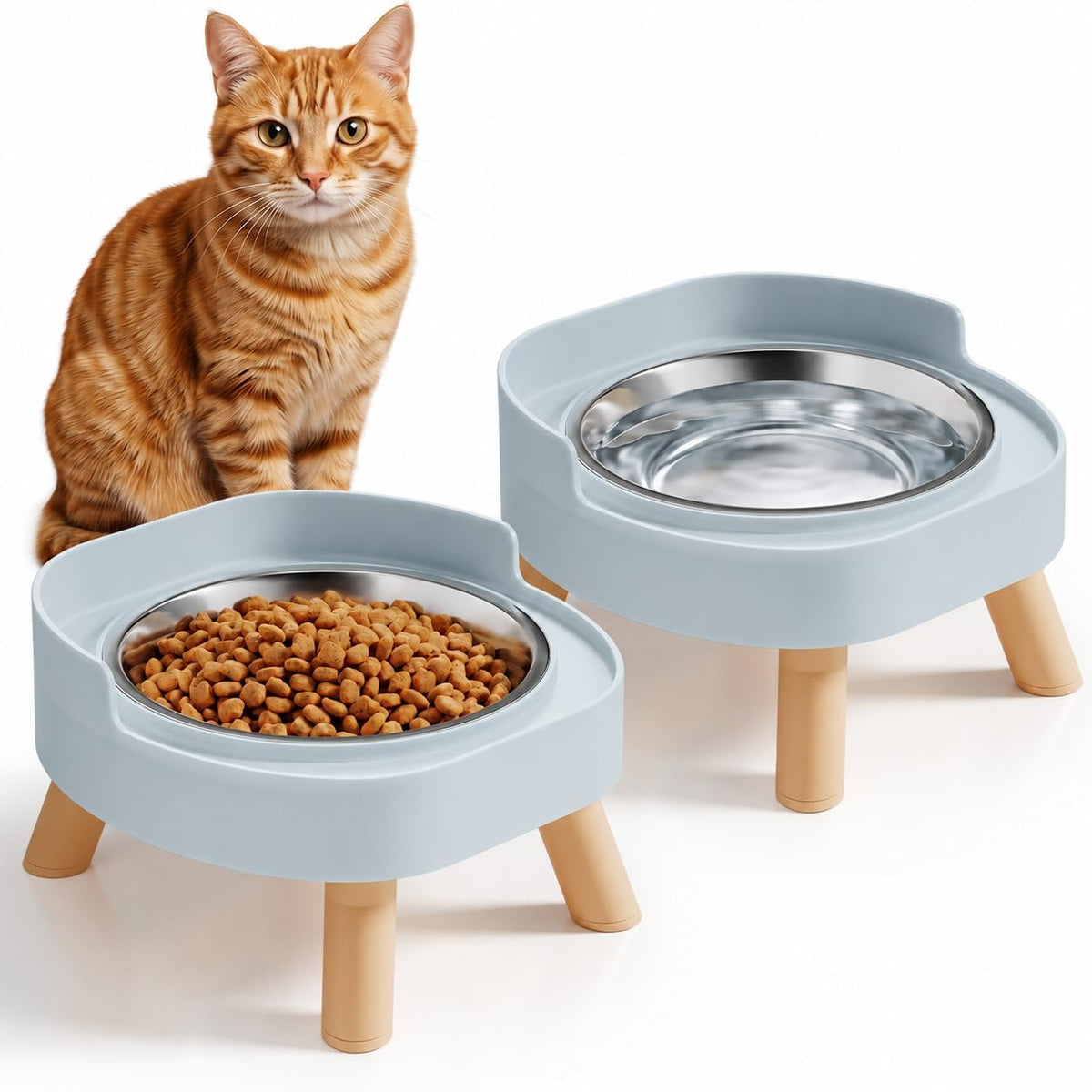 Elevated Cat Bowls, 2P Raised Cat Food and Water Bowl Set for Indoor Cats, Splash Proof with 2 - 2P Cat Bowls - Blue