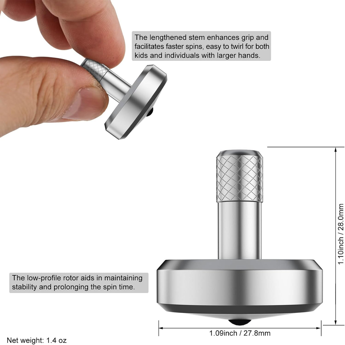 DjuiinoStar CNC machined stainless steel spinning top with ceramic tip and knurled grip - view 8