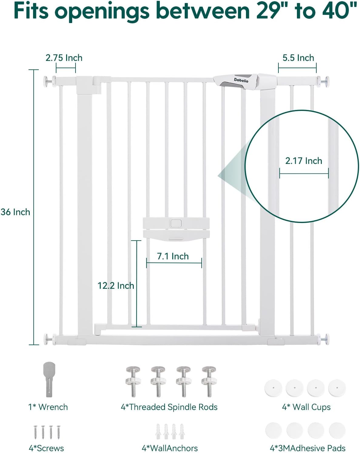 Babelio 36" Tall Pet Gate with Cat Door, CatPrivilege II, 29-40" - White / 29-40" Wide, 36" Tall - image 2