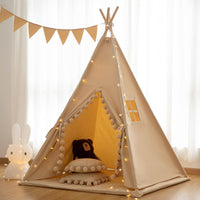 RONGFA cotton canvas kids teepee tent with pompom ball trim, floor mat and star light - view 3