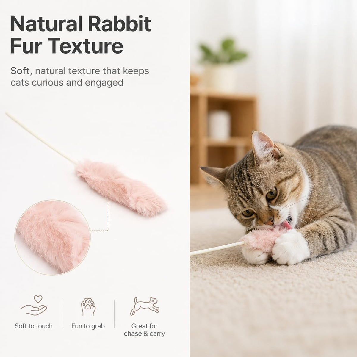 Rabbit Fur Cat Toys, Soft Teaser Sticks for Play & Exercise - image 2