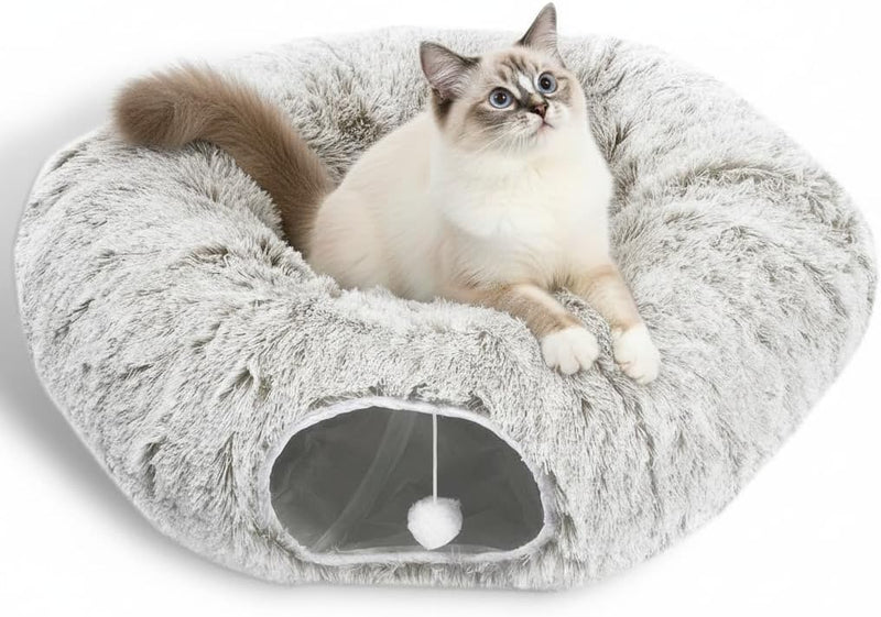 AUOON Cat Donut Tunnel with Bed for Kitten Puppy Rabbit Ferret - Khaki