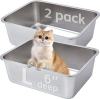 Stainless Steel Litter Box 2 Pack，Metal Litter Box - 2packs-L-6" H