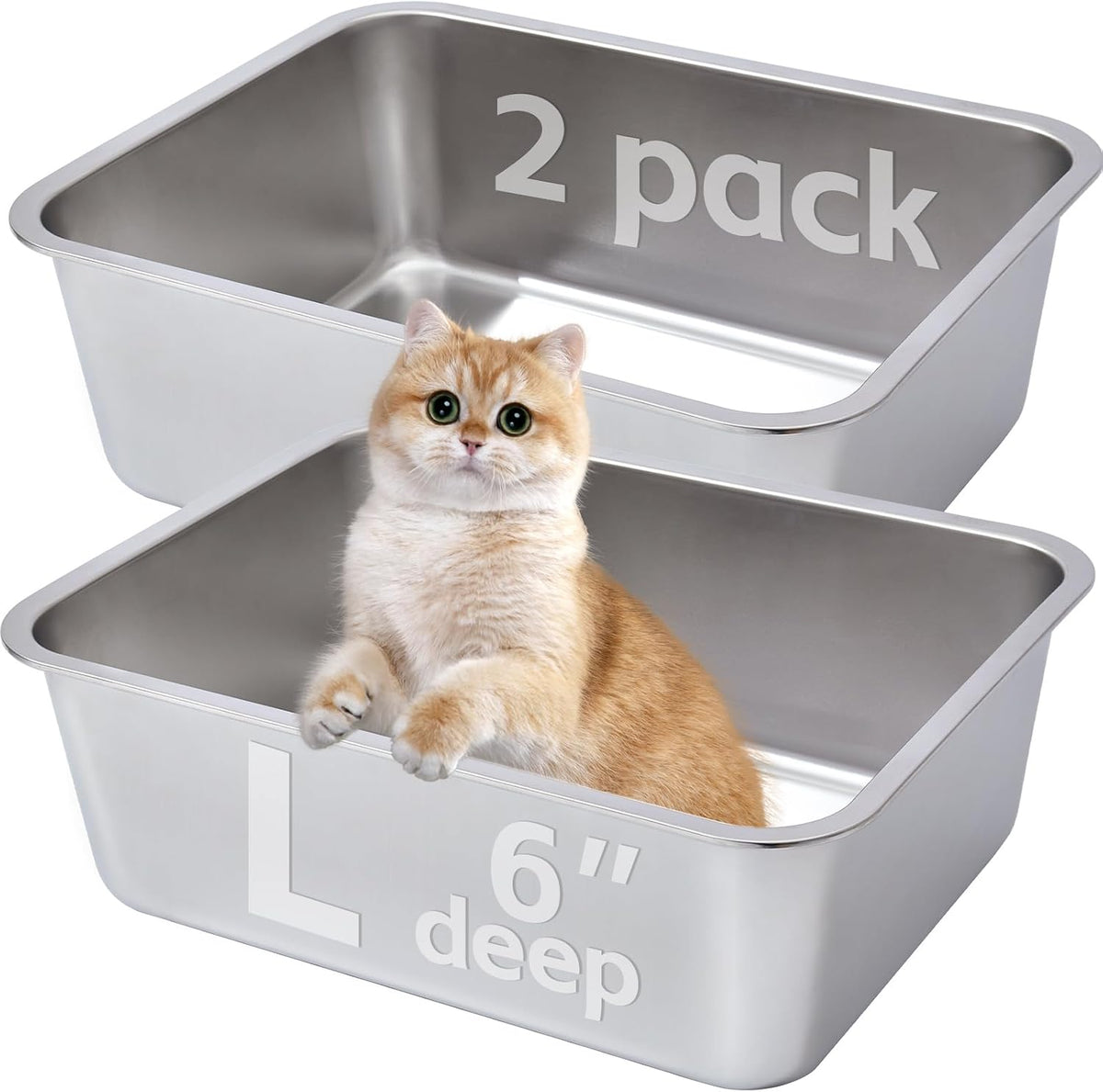 Stainless Steel Litter Box 2 Pack，Metal Litter Box - 2packs-L-6" H