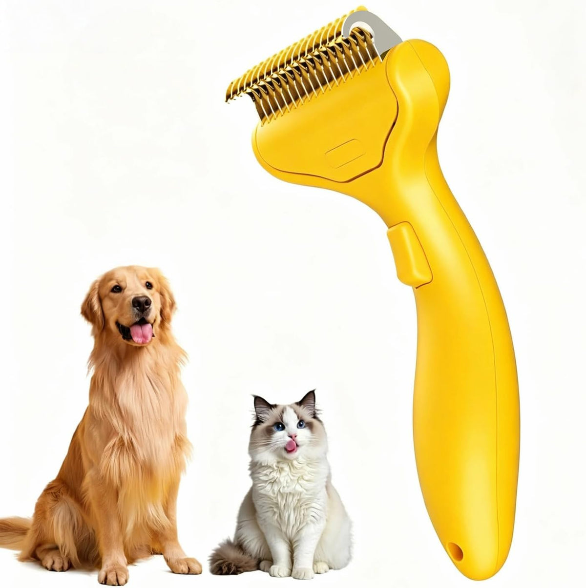 Undercoat Rake for Dogs & Cats, Self‑Clean Deshedding Brush - Lemon Yellow