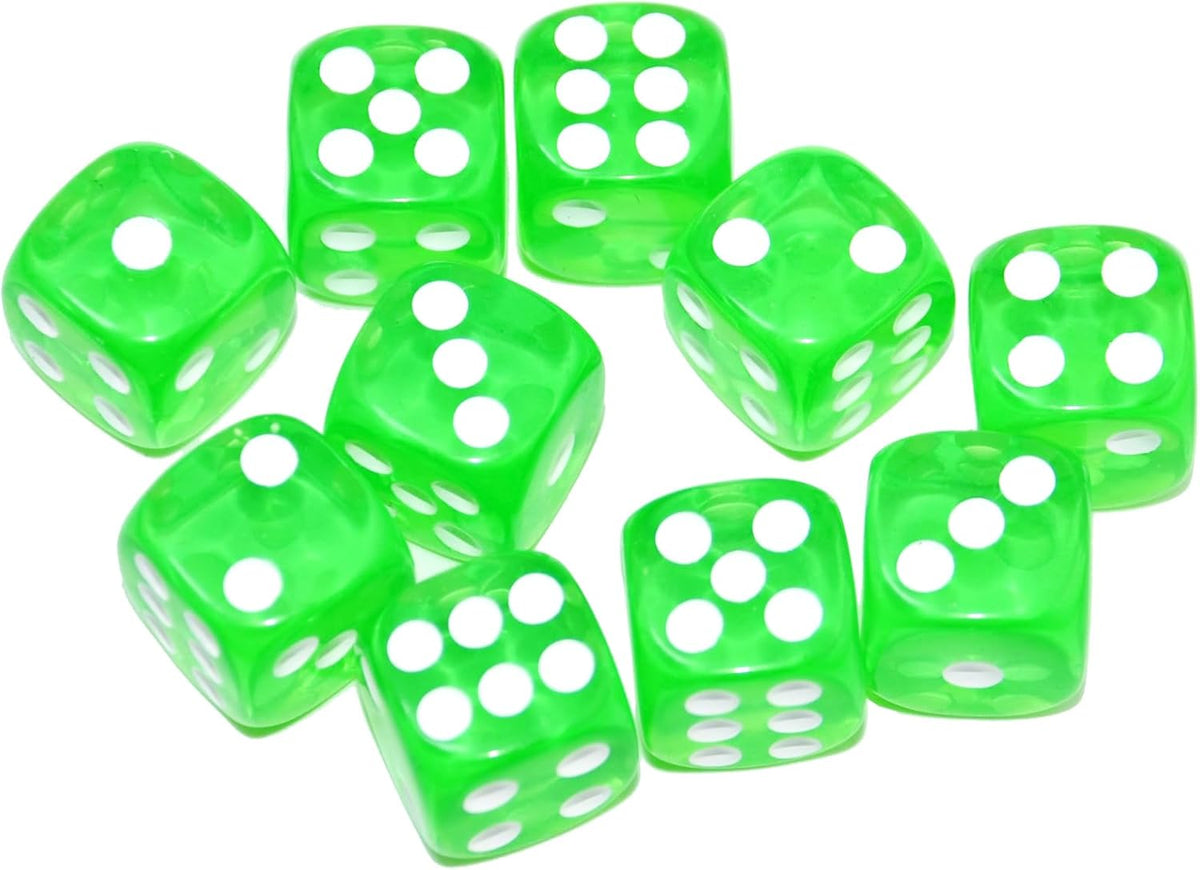 SmartDealsPro 10-Pack D6 Six Sided 16mm Transparent Dice Die for DND - Green Translucent