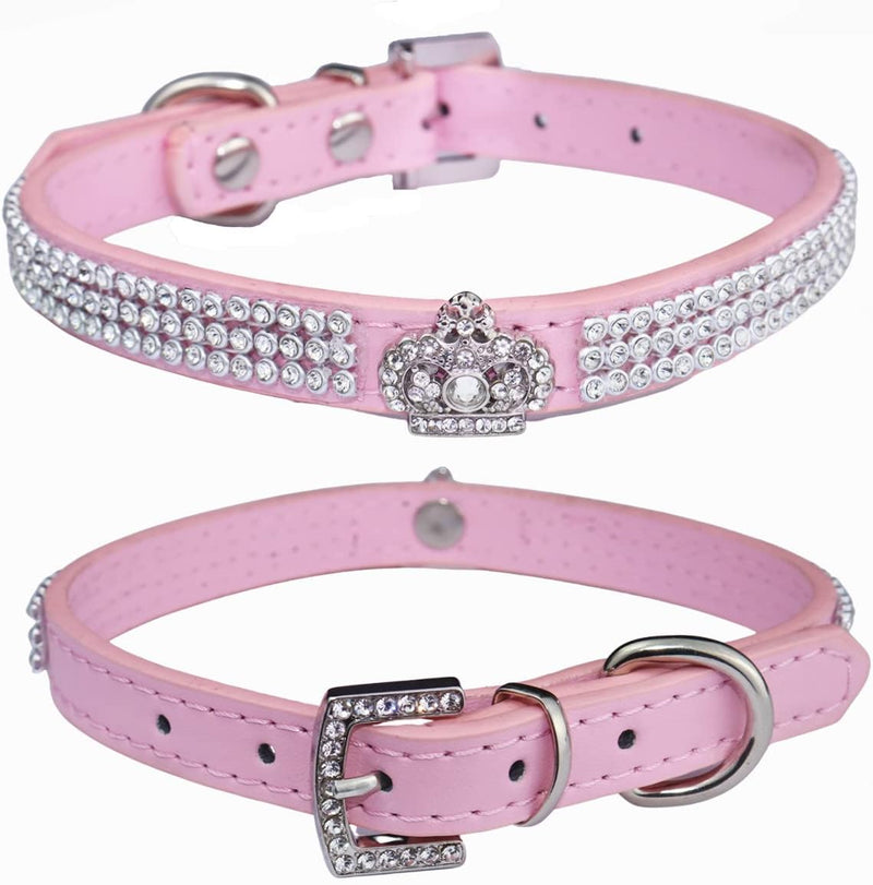 THAIN Basic Adjustable Dog Cat Collar Bling Rhinestones Shing - 10" - 13" / Pink Crown