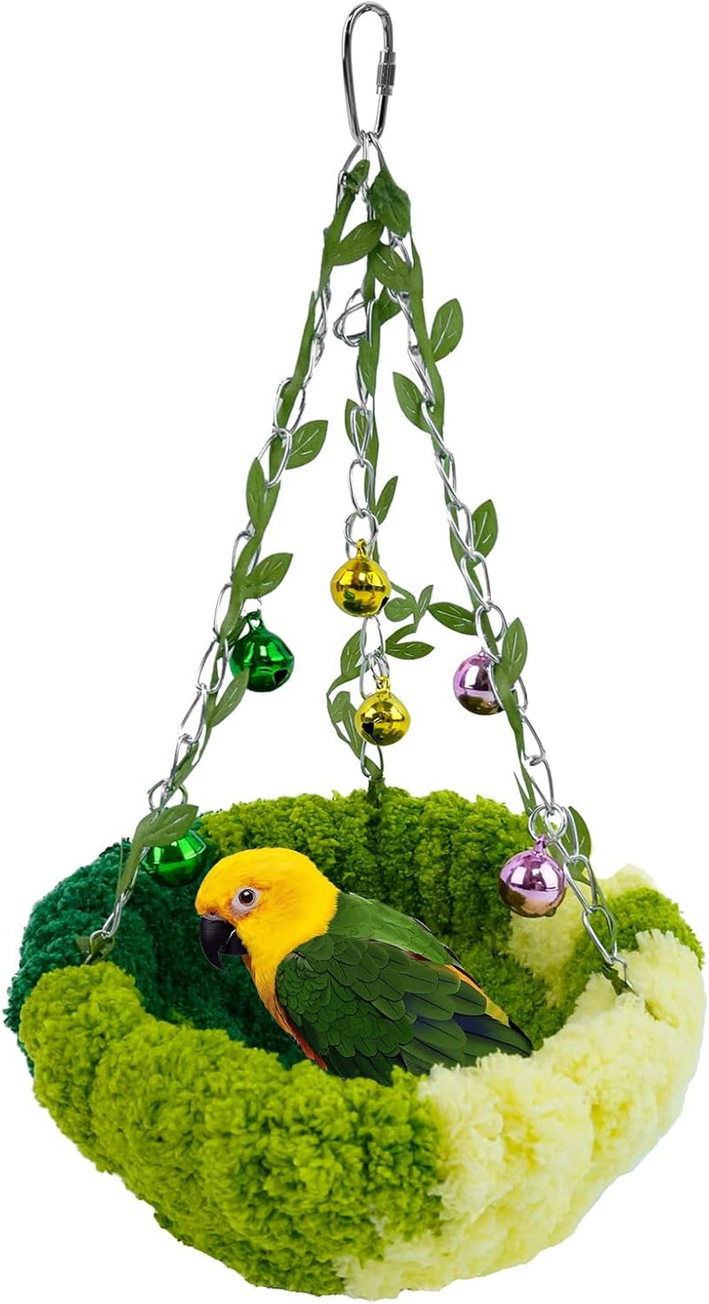 Bird Nest for Cage, Plush Hanging Bird Bed for Parakeet - Green+Bell / L