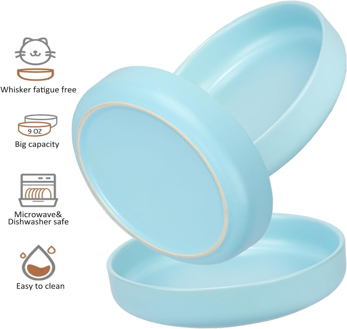 Ceramic Cat Bowls, Shallow Cat Dishes for Food and Water - Blue-3pack - image 2