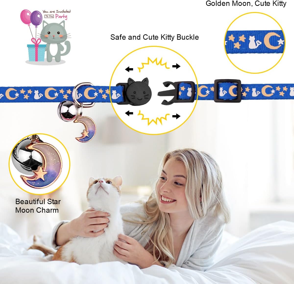 Baeuppit 2PCS Breakaway Cat Collars with Bell Moons Stars Cute Kitty - Neck 6.9-10.7 in / Black&Blue - image 3