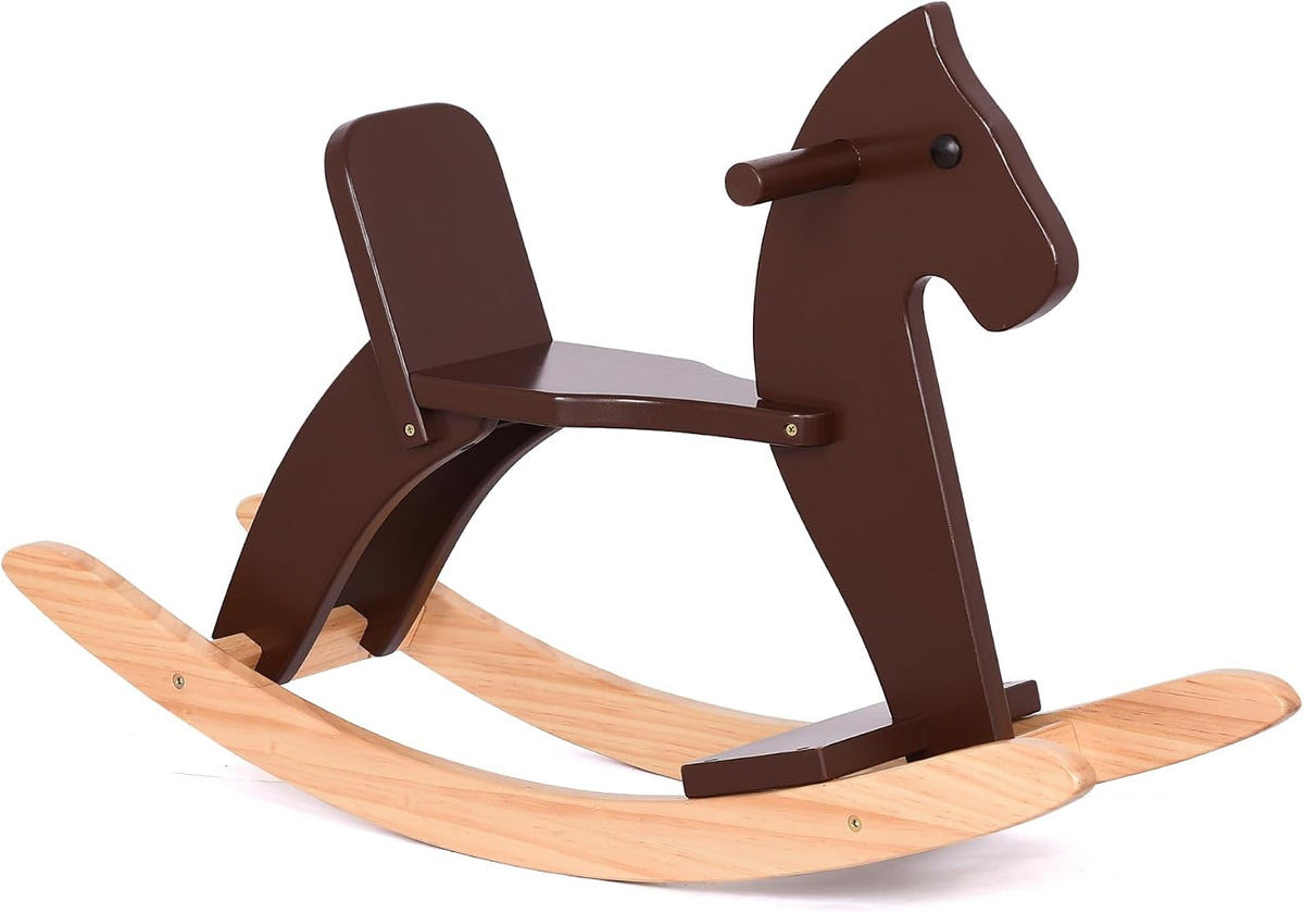 KRAND natural pine kids wooden rocking horse with handrail, backrest and foot pedal